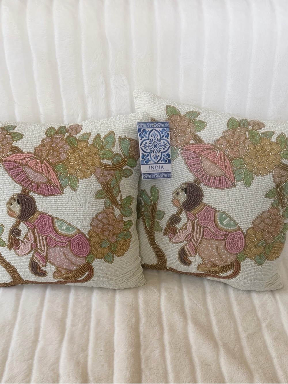 Beaded Throw Pillow Set Monkey Floral 13x13” India Anthro Style Boho Decor NWT